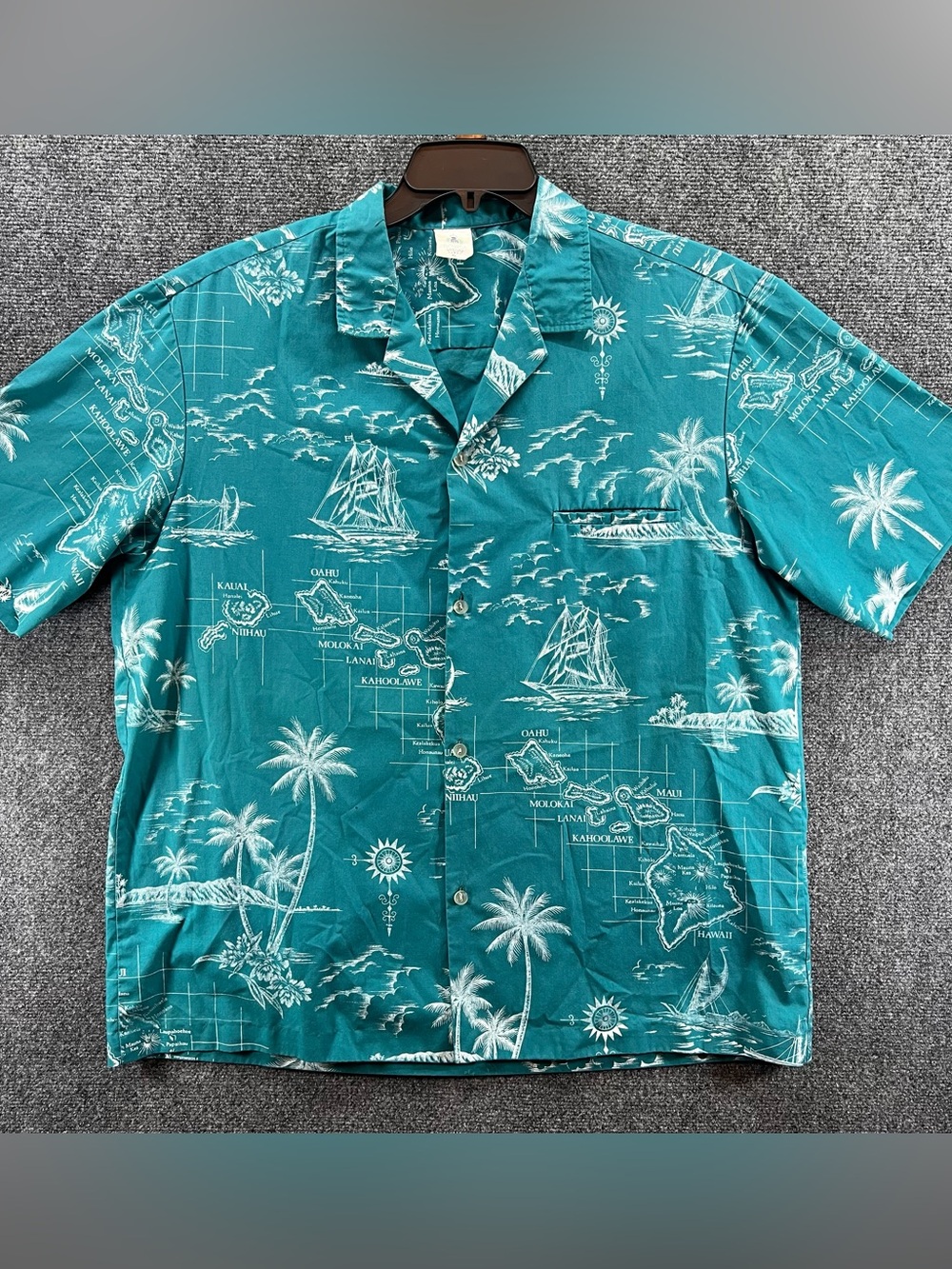 Vintage Royal Creations Mens Hawaiian Islands Shirt XL Teal Vacation Hawaii Made